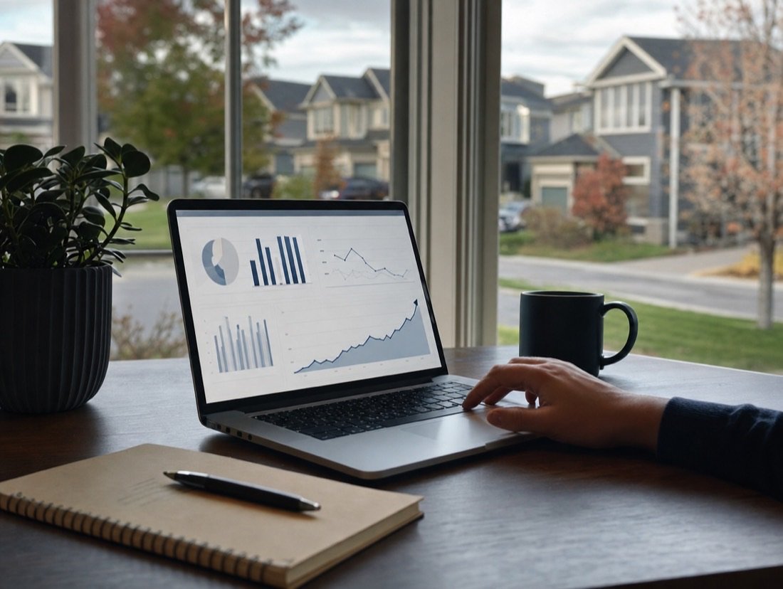 A hand on a laptop showing advertising charts next to a notebook and a mug, two-storey homes outside the window