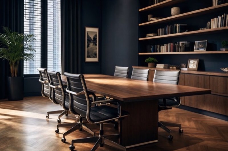 Law firm SEO: leather chairs around a long wooden table in a quiet, book-lined meeting room with a tall window