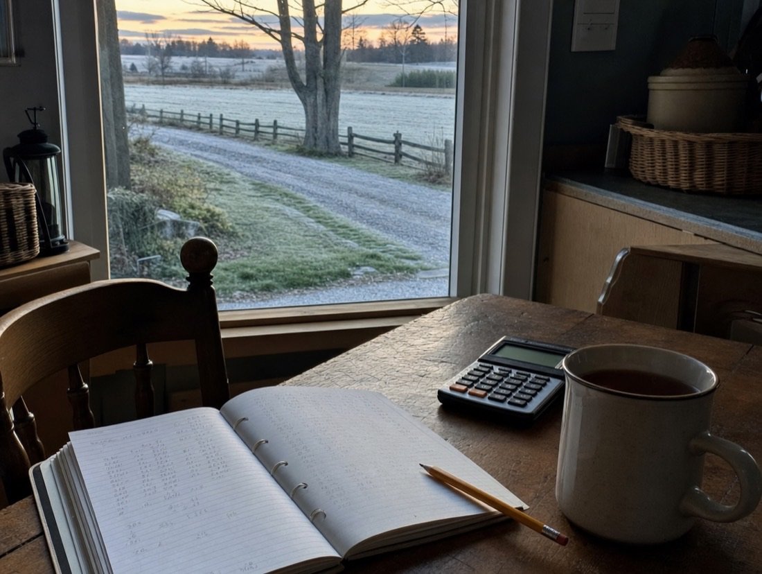 Pencilled budget sums, a calculator and hot tea set out on a kitchen table while frost covers the window glass