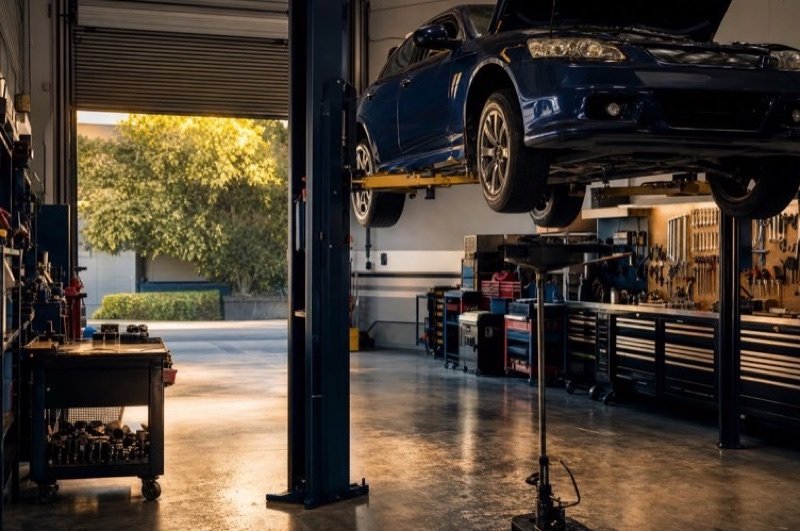 A car raised on a two-post hoist in a clean repair bay, tool chests along the wall and the bay door open to a leafy tree