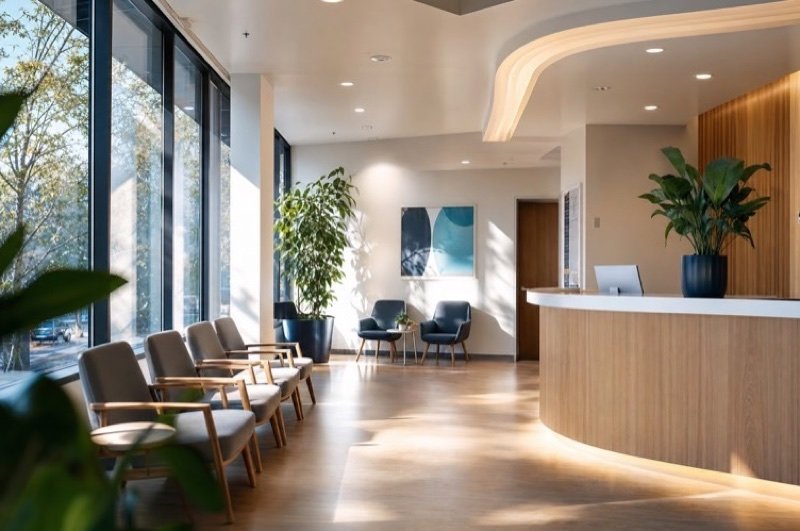 A bright clinic reception with a curved wood counter, waiting chairs along tall windows and large potted plants