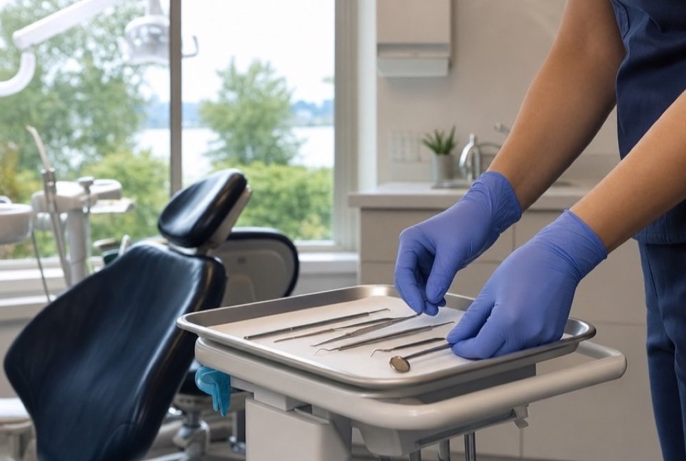Close view of a dental tray as gloved fingers place each instrument before a patient arrives
