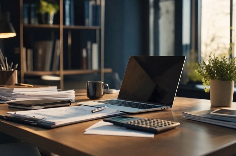 Tax and insurance SEO: a tidy wooden desk with a laptop, a calculator, stacked papers and a mug