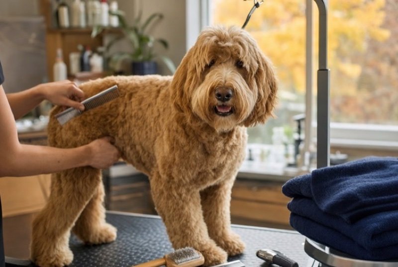 A fluffy apricot doodle standing on a grooming table while a groomer brushes its coat