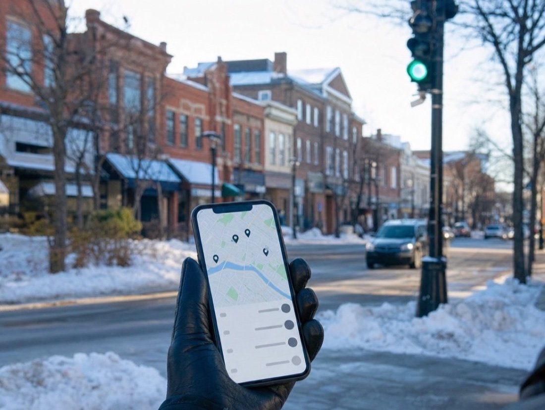 A phone map with several pins held in a winter glove, snowbanks lining a red-brick downtown street behind it
