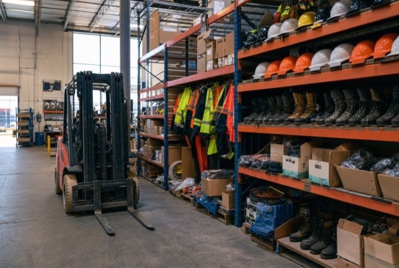 Rows of orange warehouse shelving stocked with hard hats, work boots and high-visibility vests, a forklift waiting in the aisle