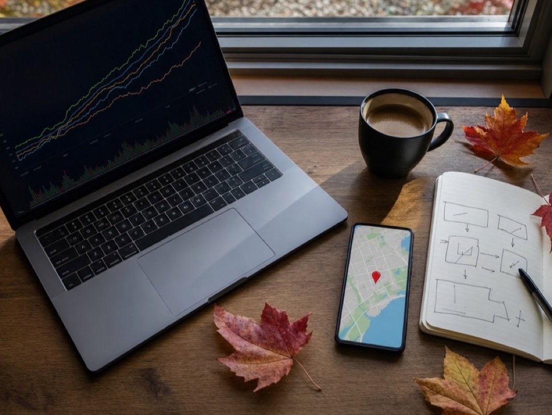 Ranking charts on a laptop, a phone map and site sketches among autumn leaves, the planning behind our SEO services in Brantford