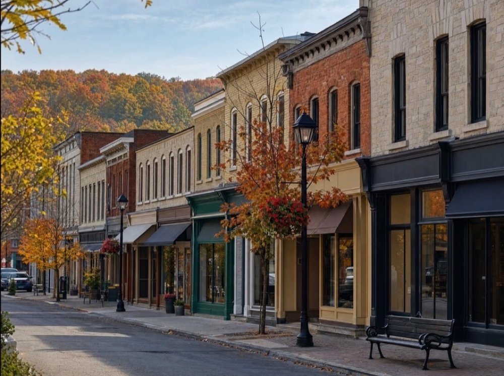 A quiet street of two- and three-storey stone and brick shops with awnings, a bench and an old-style lamp post under autumn trees