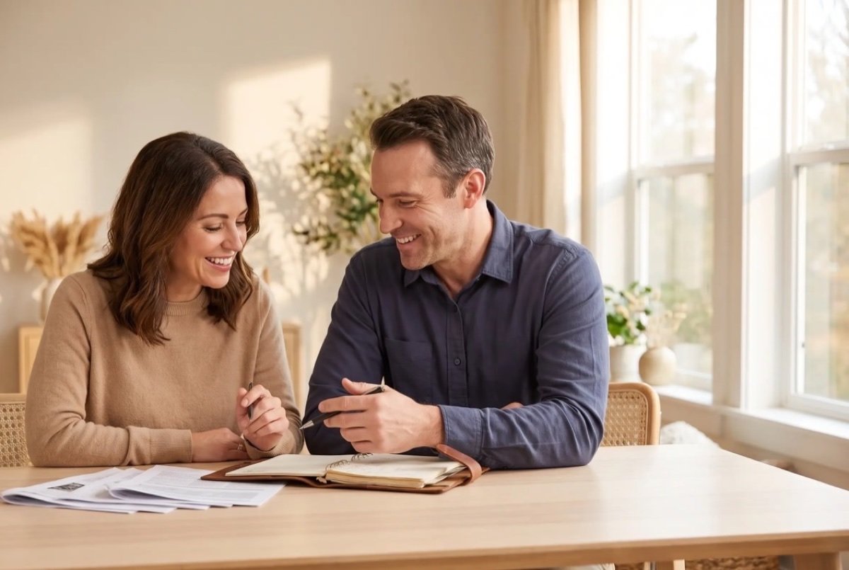 An owner and an advisor going over printed notes at a bright table, the kind of talk this SEO FAQ puts in writing