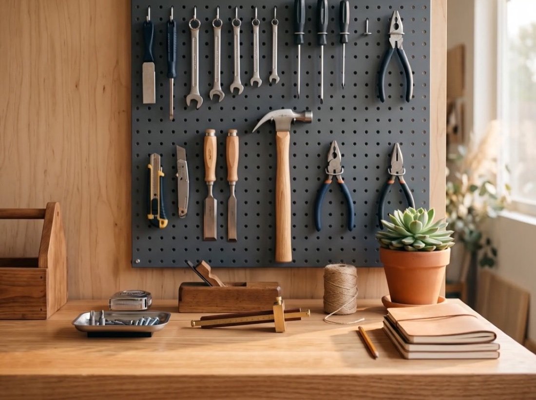 A tidy workbench with a pegboard of pliers, screwdrivers and wrenches, a small succulent and a wooden toolbox