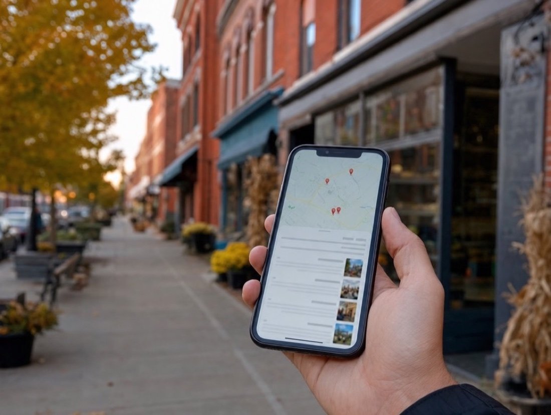 Local map results on a phone screen, with a row of red-brick shopfronts in autumn behind