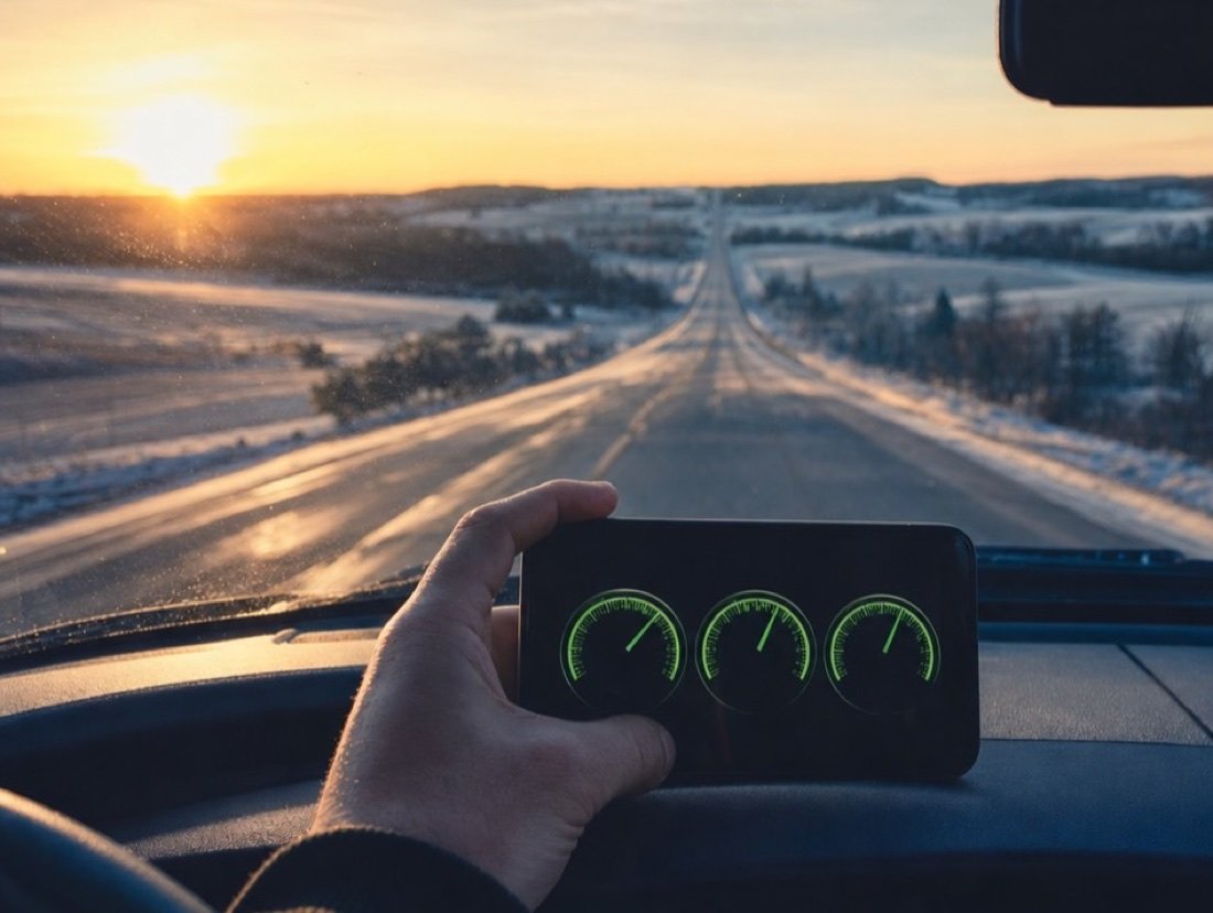Three green speed gauges on a phone screen, a highway running through snowy fields at sunrise behind it