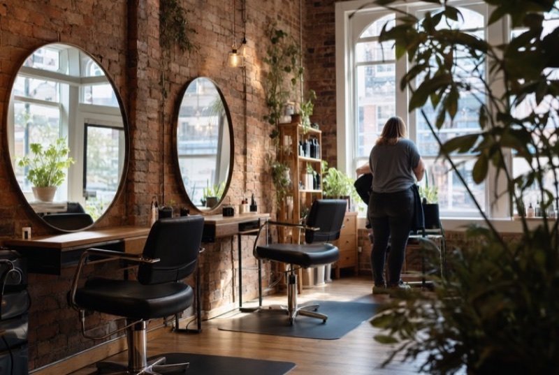 Salon and spa SEO: round mirrors and black styling chairs against exposed red brick under tall arched windows