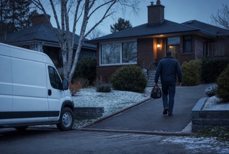 A technician with a tool bag heading up the drive of a brick bungalow at dusk, a white work van at the curb and a dusting of snow on the grass