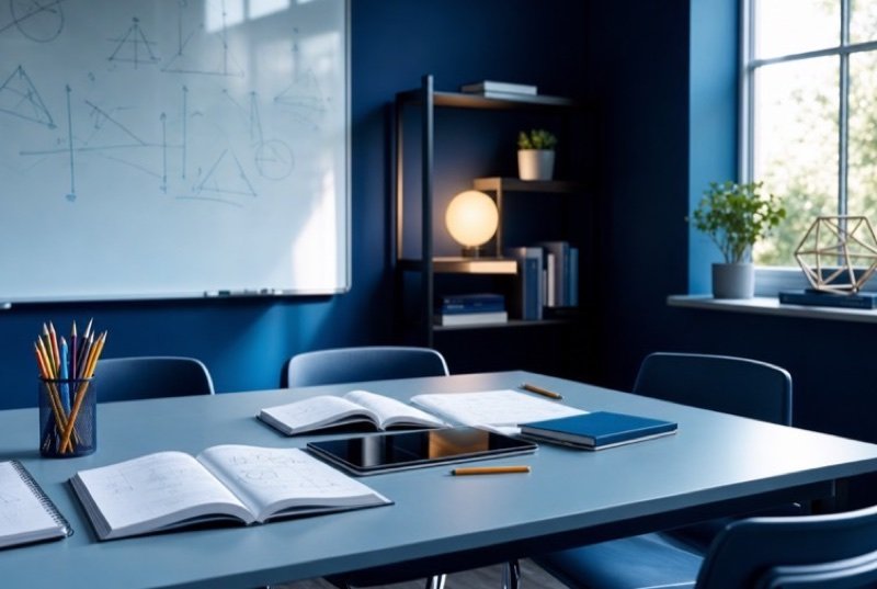 A small tutoring room with open workbooks and a tablet on a table, a jar of pencils and a whiteboard with geometry sketches