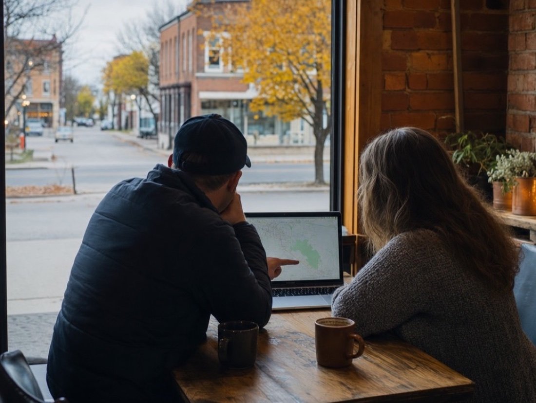 A pair of colleagues studying a map on a laptop at a window table in a café with a bare brick wall