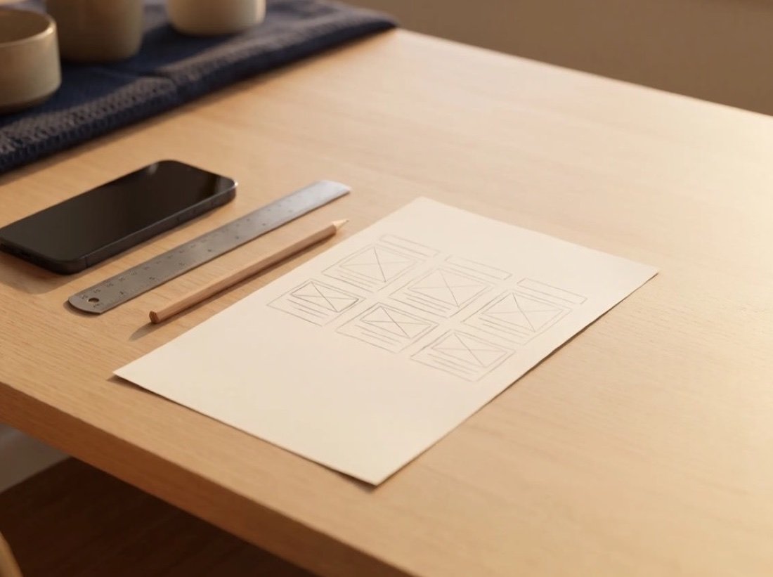 Pencil wireframes of web pages on paper beside a steel ruler, a pencil and a phone on a pale wooden desk