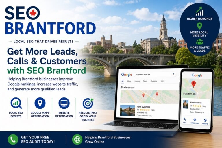 Graphic: “Get More Leads, Calls & Customers with SEO Brantford”, with laptop and phone map results beside a river bridge