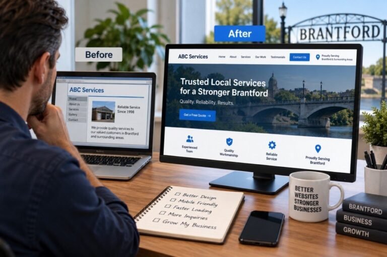A person comparing an old and a redesigned business website on a monitor, a river bridge in the background